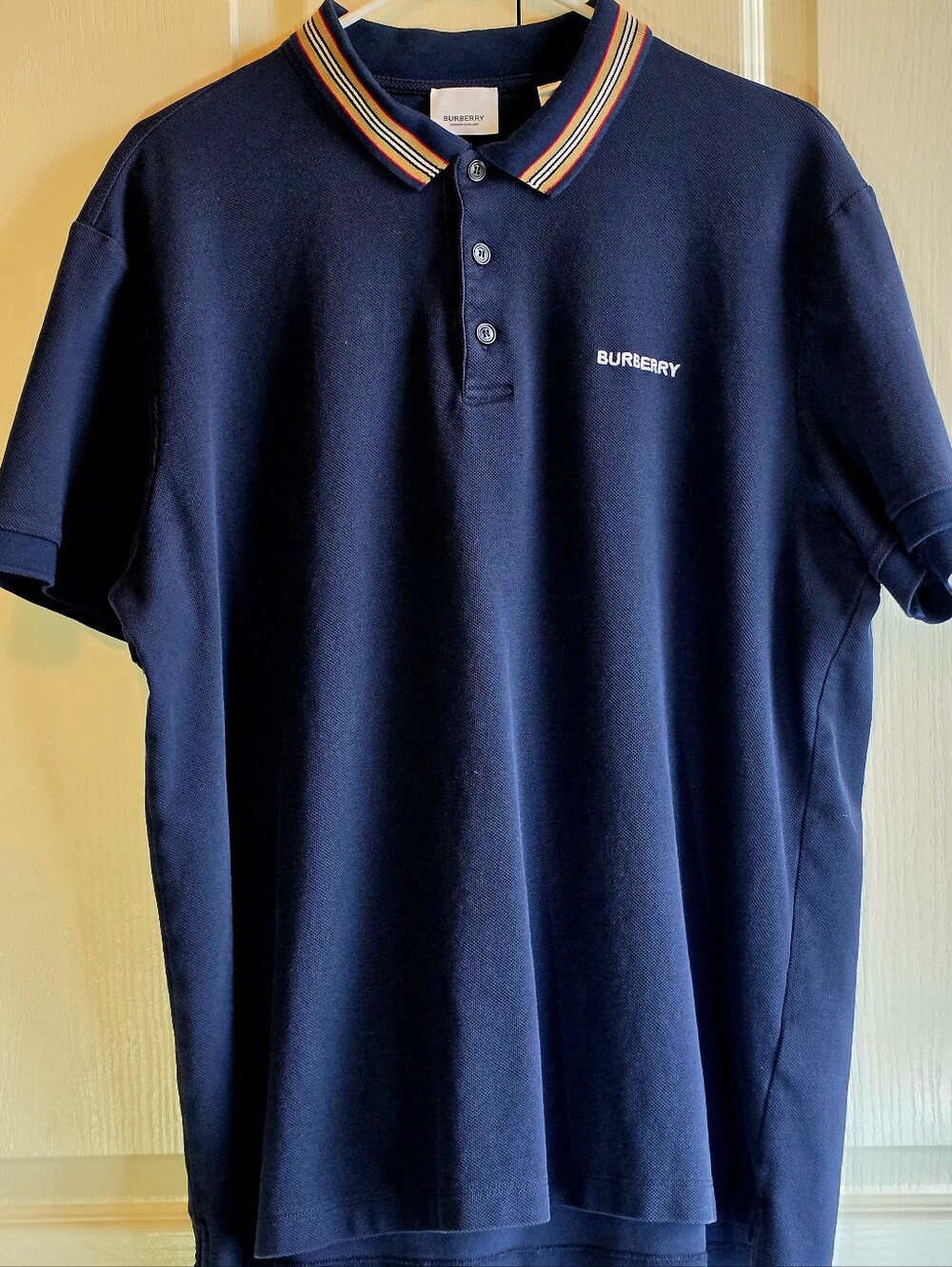 Burberry Navy Polo with Multicolor Stripe Collar